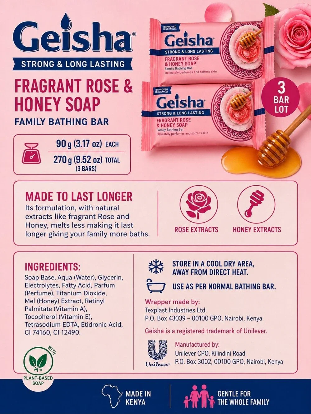 Geisha Fragrant Rose & Honey Soap Bars - Pink (3 Bars) Made in Kenya